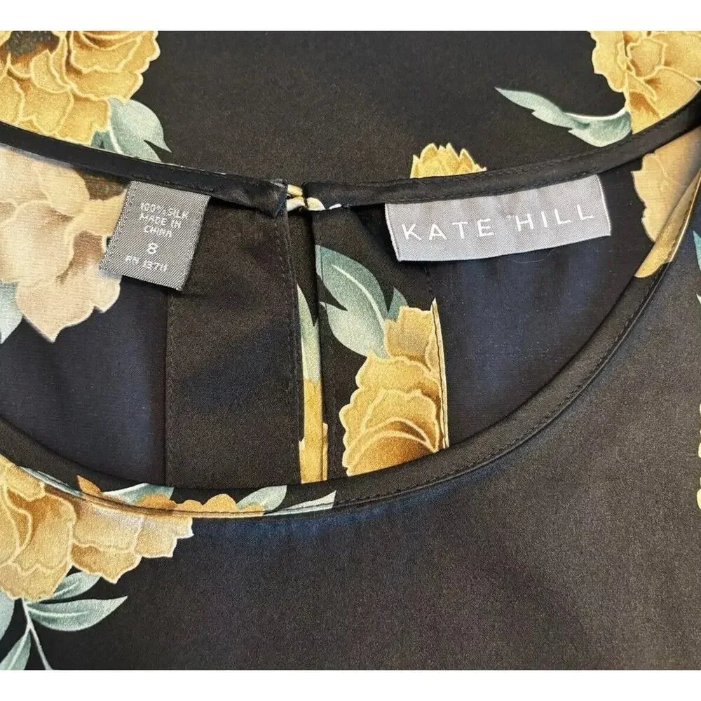 Kate Hill Silk Top Satin Black Tank Sleeveless Size 8 Floral Roses